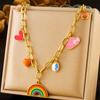 Titanium Steel Necklace with Cartoon Cute Painted Oil Drop Heart Rainbow Zircon Pendant