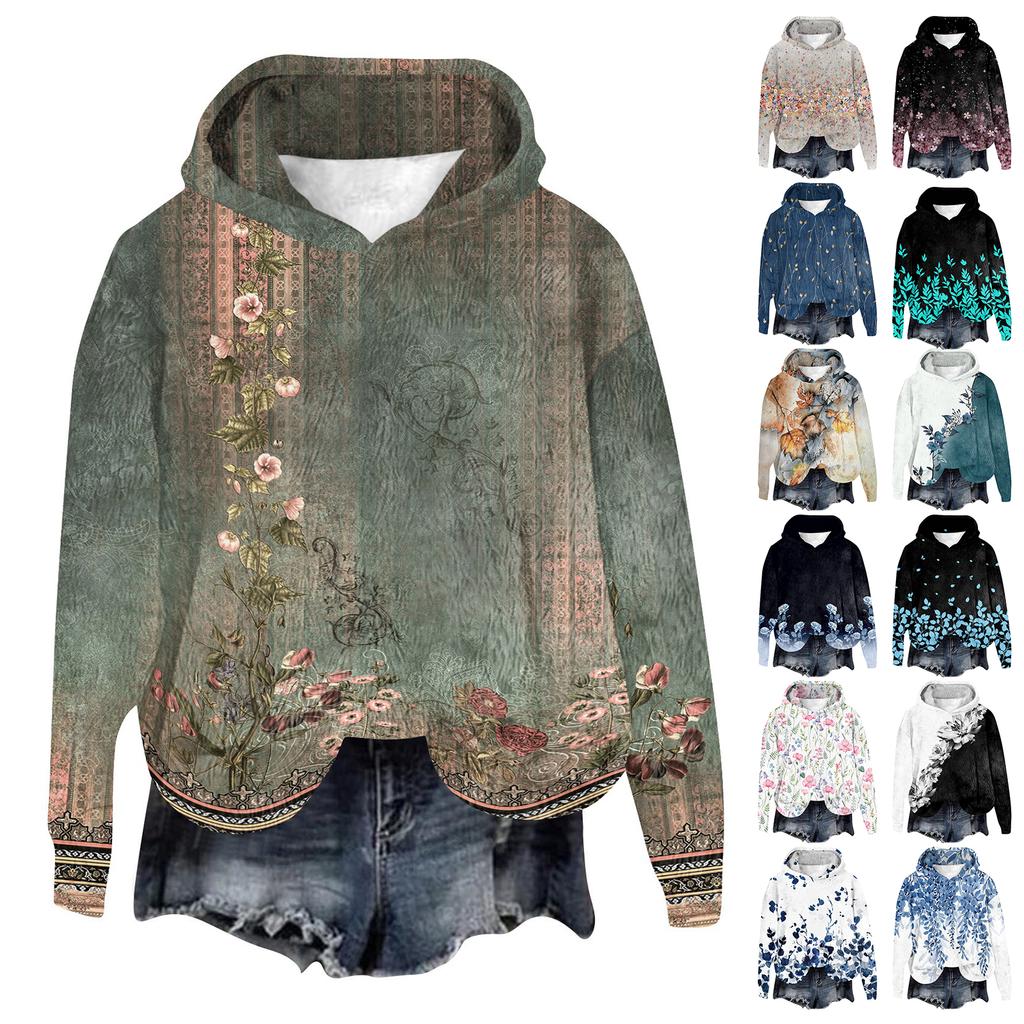 Women's Hooded Long Sleeve Printed Flannel Top Hooded Sweatshirt