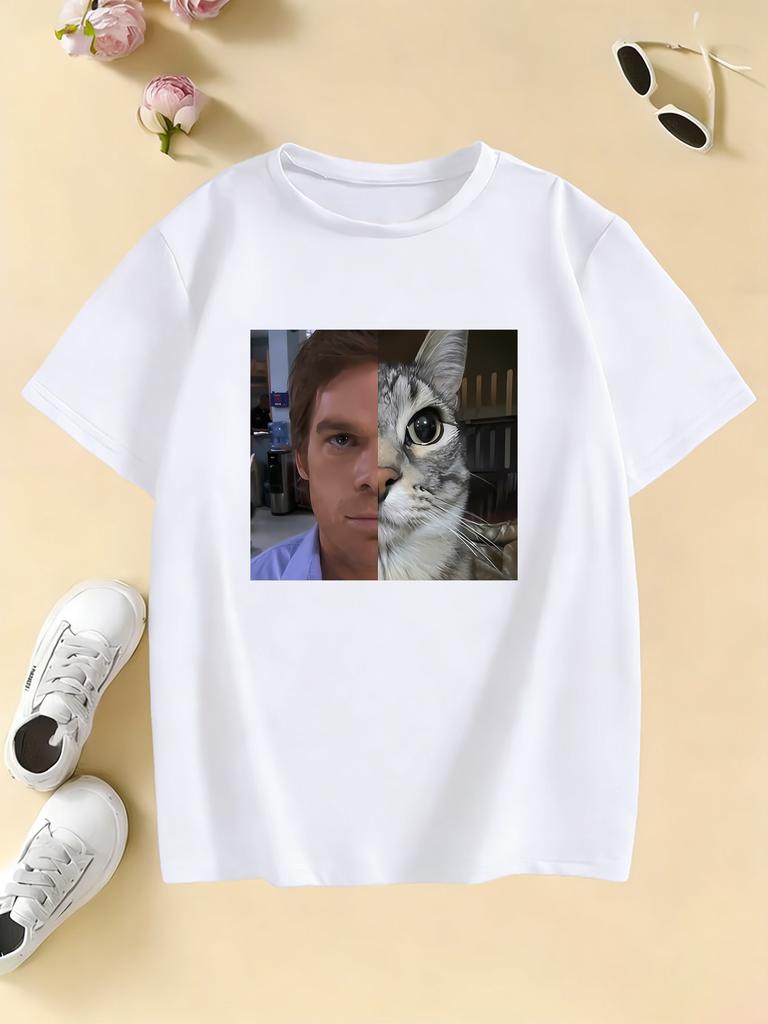 Y2k Casual Crew Neck Cat Print T Shirts Manga Kids Childrens Tshirt Boys Girls Summer Spring Casual Top Tee
