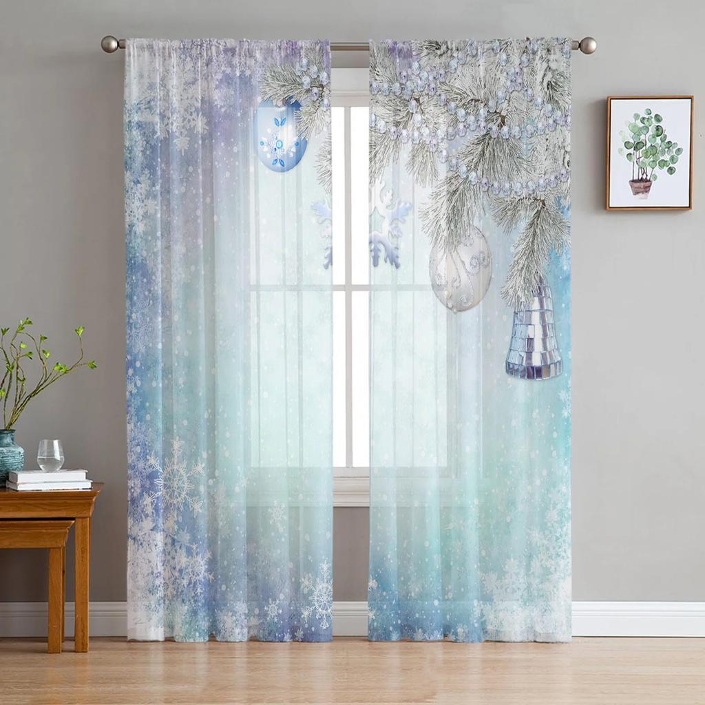 Christmas Snowflake Background Tulle Window Curtains Living Room Organza Sheer Voile Curtain Bedroom Kitchen Home Decor Drape