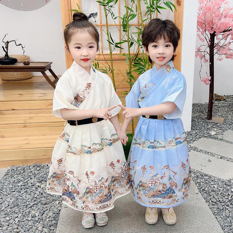 2024 Children's Day Caiyun Zhuiyue Hanfu: Short Sleeve Ancient Style Dress for Boys and Girls