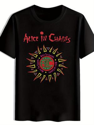 MenS Retro Rock Band Graphic T Shirt Short Sleeve Crew Neck Polyester Vibrant Print with Bold ALICE IN CHAINS Design