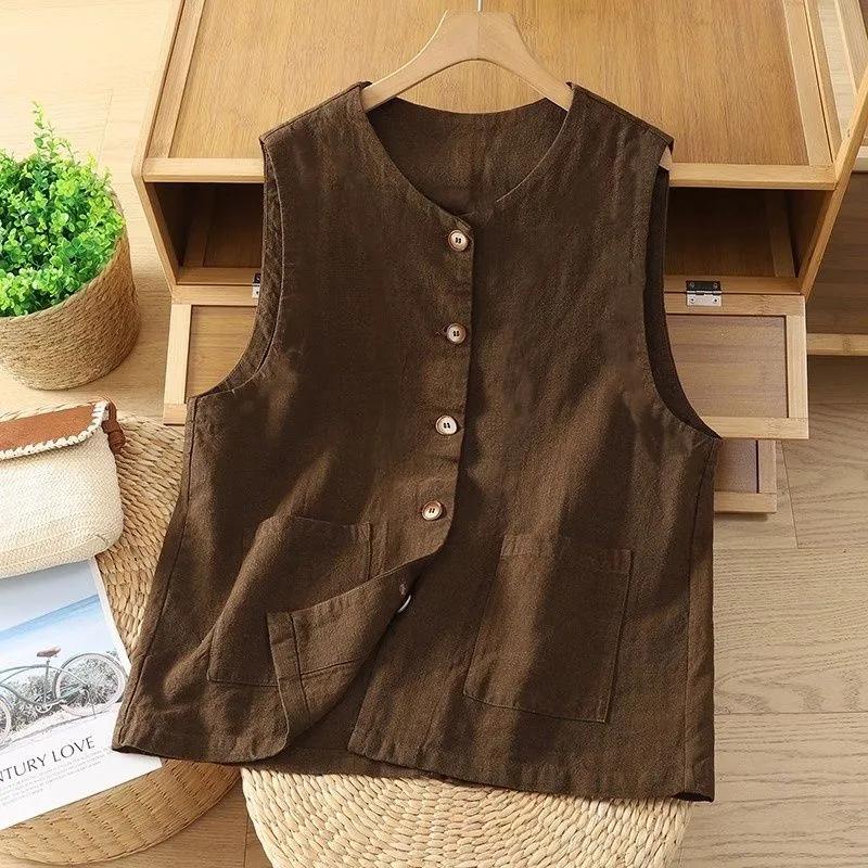 Women s Summer Retro Boho-Chic Loose-Fit Vest Over A Cotton-Linen Round-Neck Tank Top XS