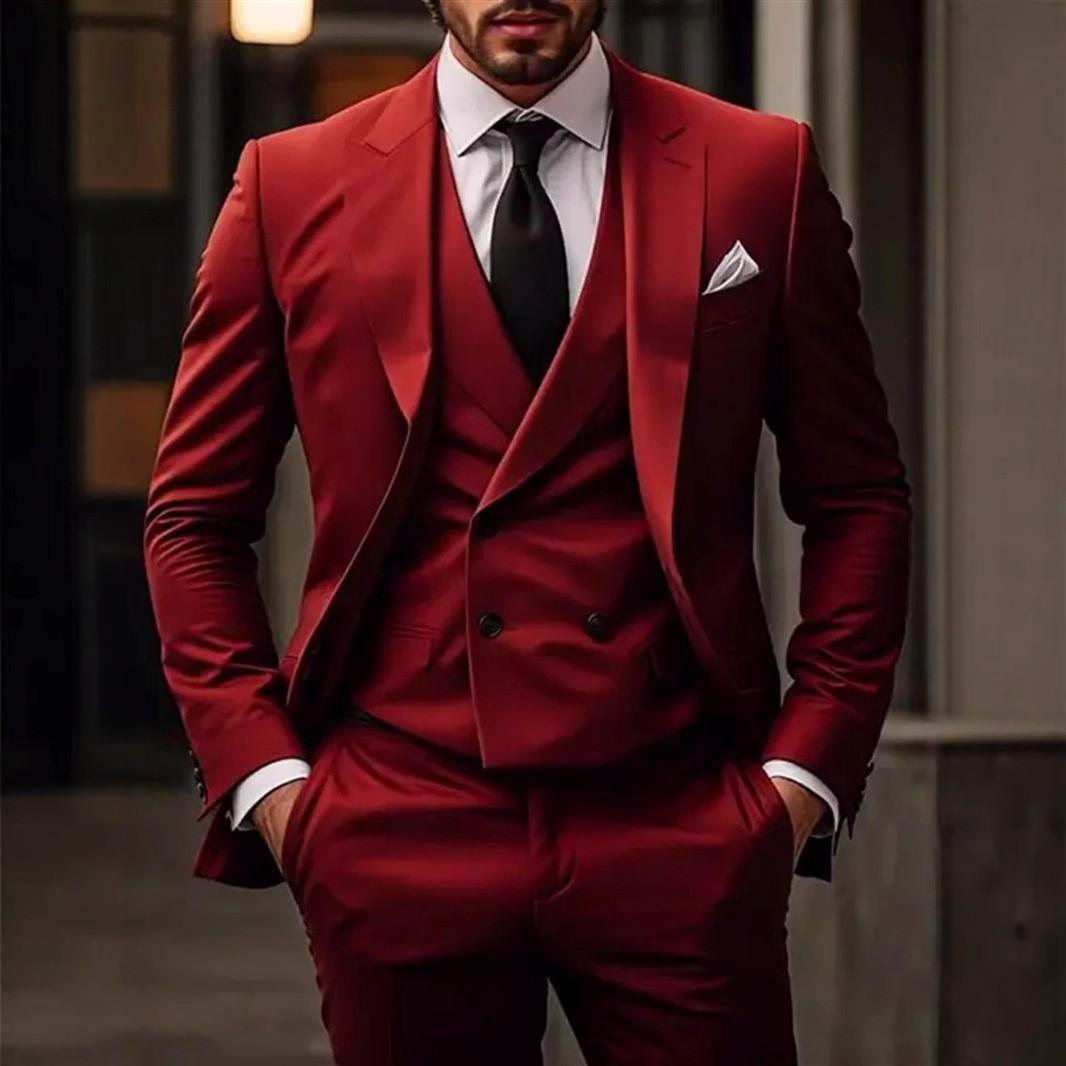 

Элегантные зеленые свадебные костюмы для мужчин, приталенные, с заостренными лацканами, смокинги для выпускного вечера, комплект из 3 предметов, деловой мужской пиджак, костюм Homme 5XL античный рубиновый