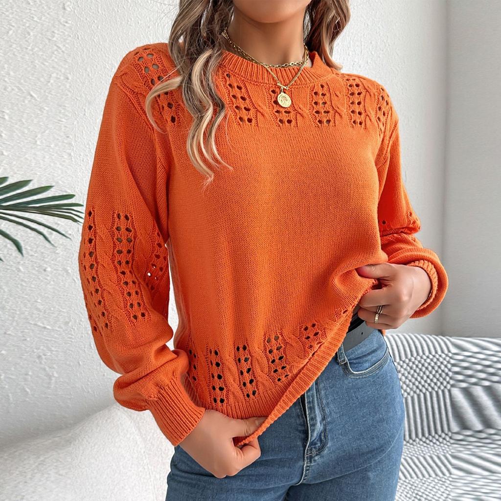 Women's Loose Solid Color Round Neck Hollow Sweater Long Sleeve Pullover Top