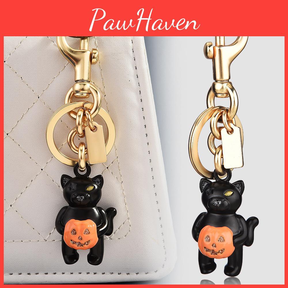 Black Cat With Pumpkin Keyring Alloy Cute Animal Decor For Bags And Keys