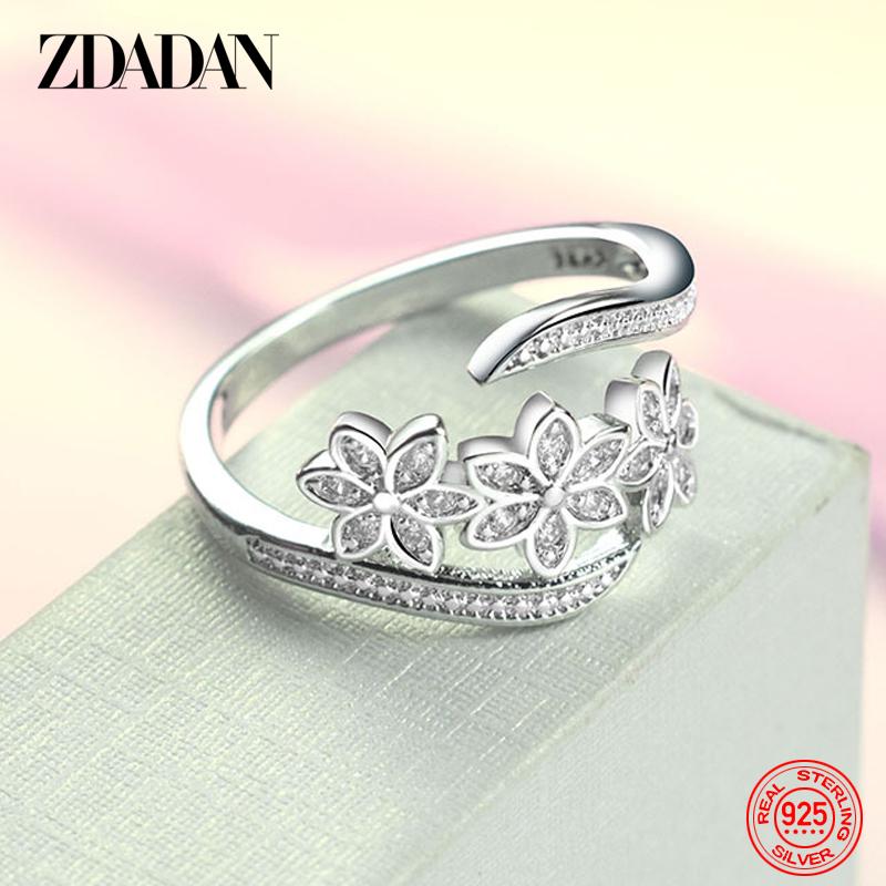925  Silver Fashion Adjustable Open CZ Flowers Ring For Women Temperament Jewelry Accessories Gift