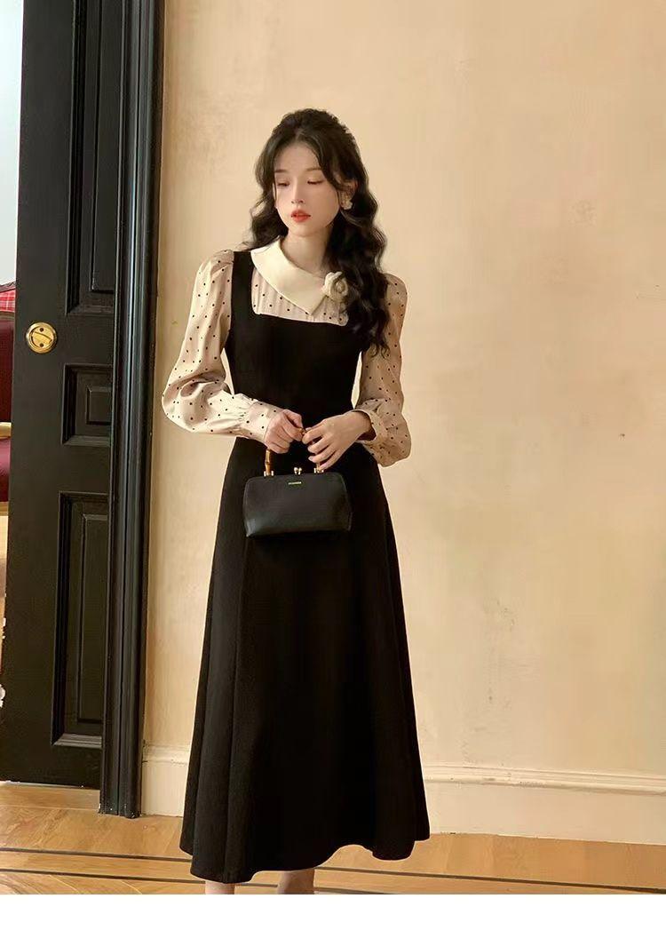 

French fake two-piece polka dot long-sleeved dress for women s spring and autumn clothing, Korean atmosphere, wear a thin and age-reducing long skirt S чёрный