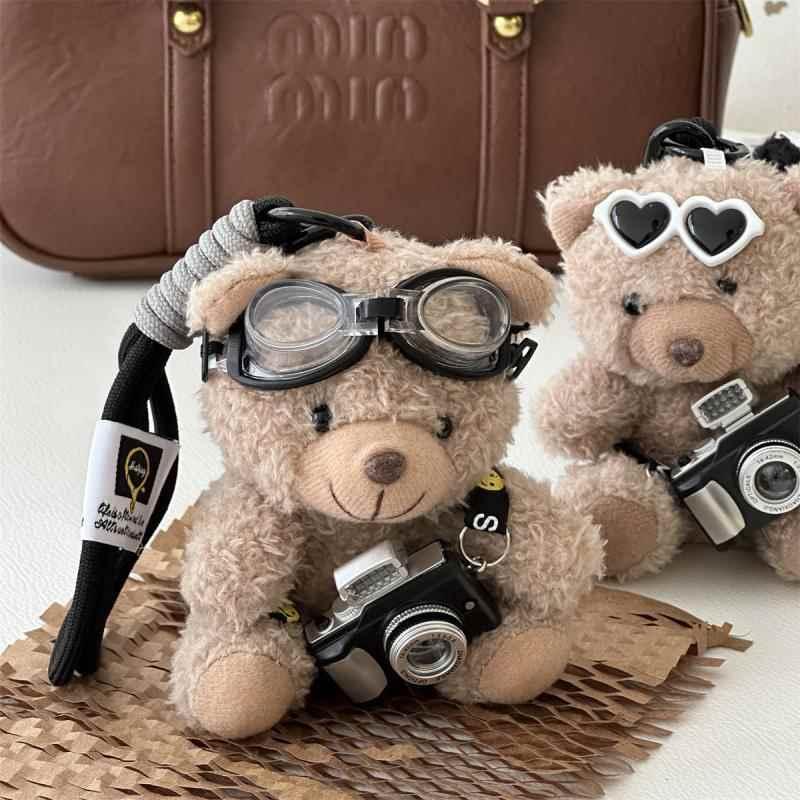 Cute Plush Brown Bear Keychain With Camera & Glasses Backpack Doll Pendants Couple Keyrings Handbag Charms Bag Accessories Set