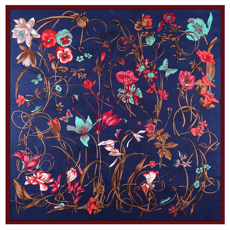 130*130Cm 100% Twill Silk Square Scarf Luxury Women Floral Print Beach Shawl Bandana Wraps Femme Fourlard Echarpes Stoles