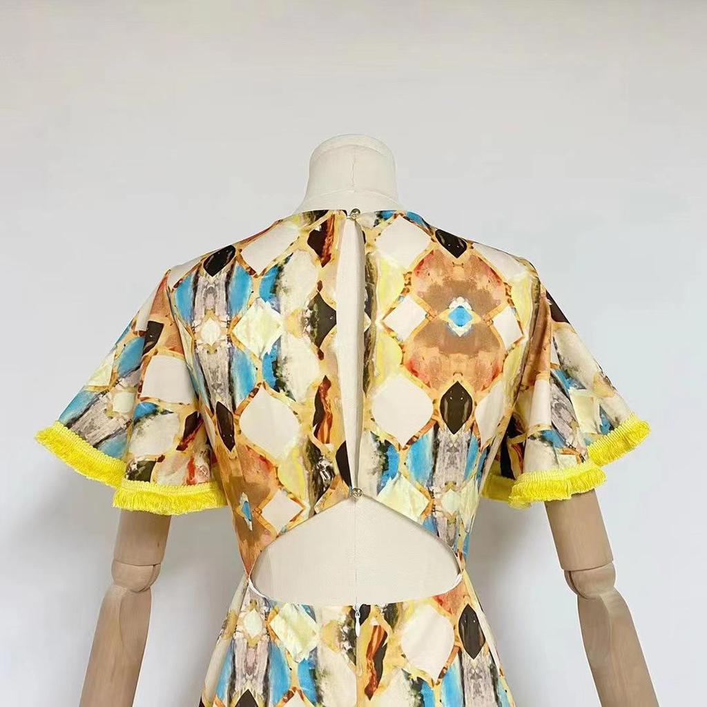 Women's 2023 Autumn V-Neck Tassel Splice Backless Long Dress with Lace-Up Waist