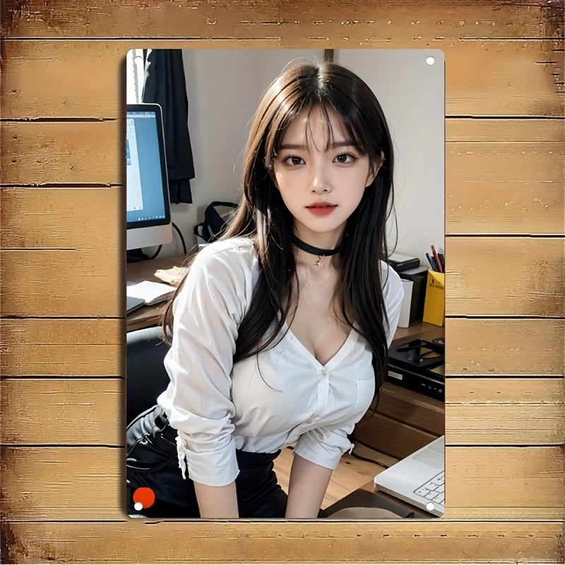 High-Definition Metal Tin Sign Office Style Beauty Girl Portrait Vintage Wall Art Decor for Home Room Cafe Bar