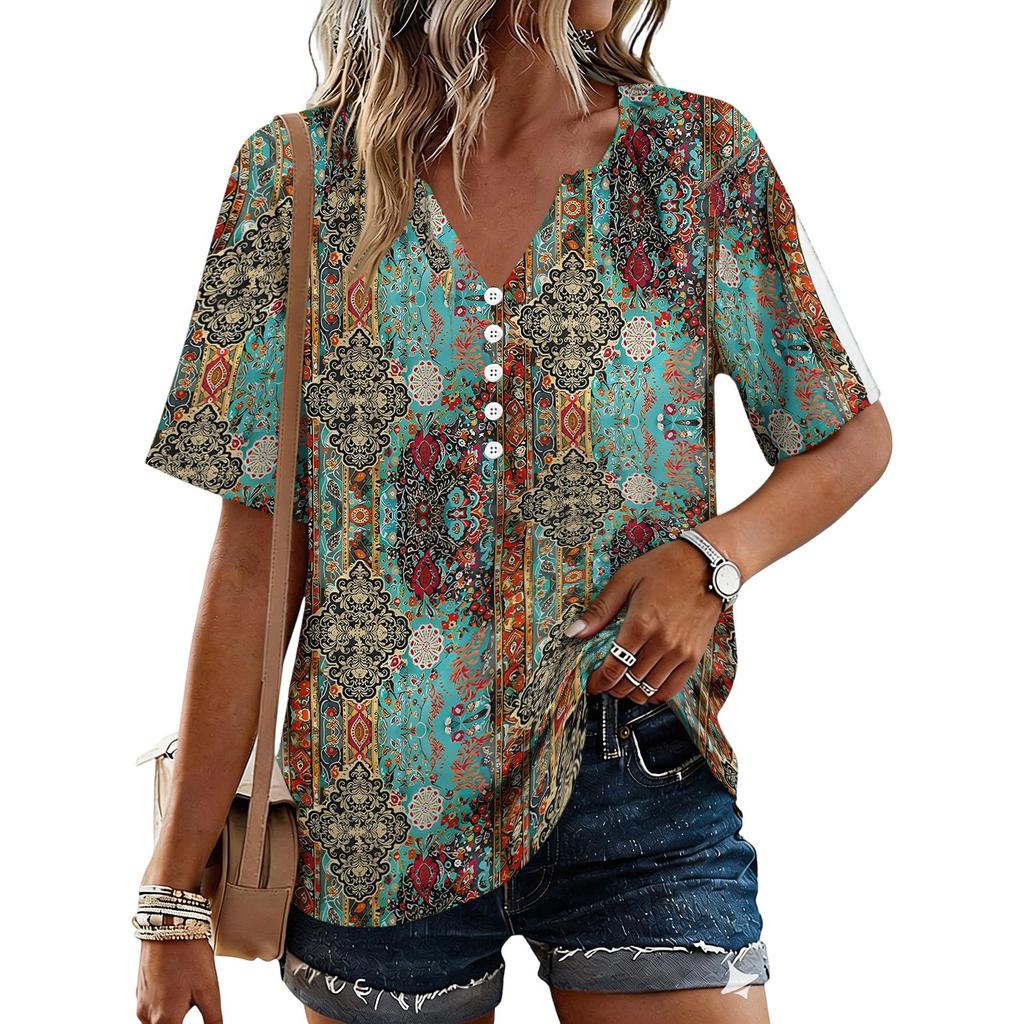 Women's Fashionable Casual Floral Print Button V-neck Short-sleeved Top