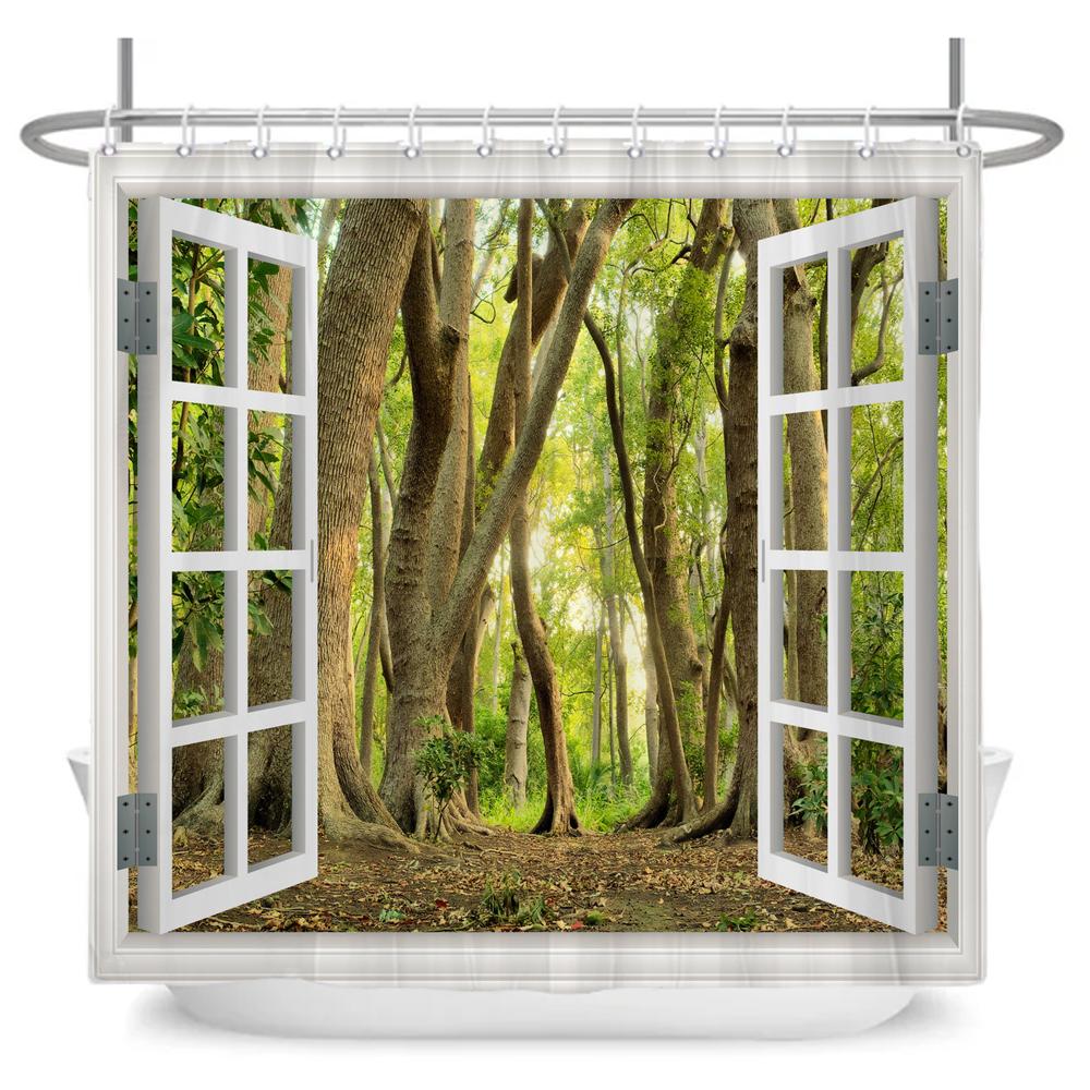 3D Forest Waterfall Landscape Bath Curtain Window Scenery Curtain Spring Nature Rainforest Shower Curtains for Bathroom Decor