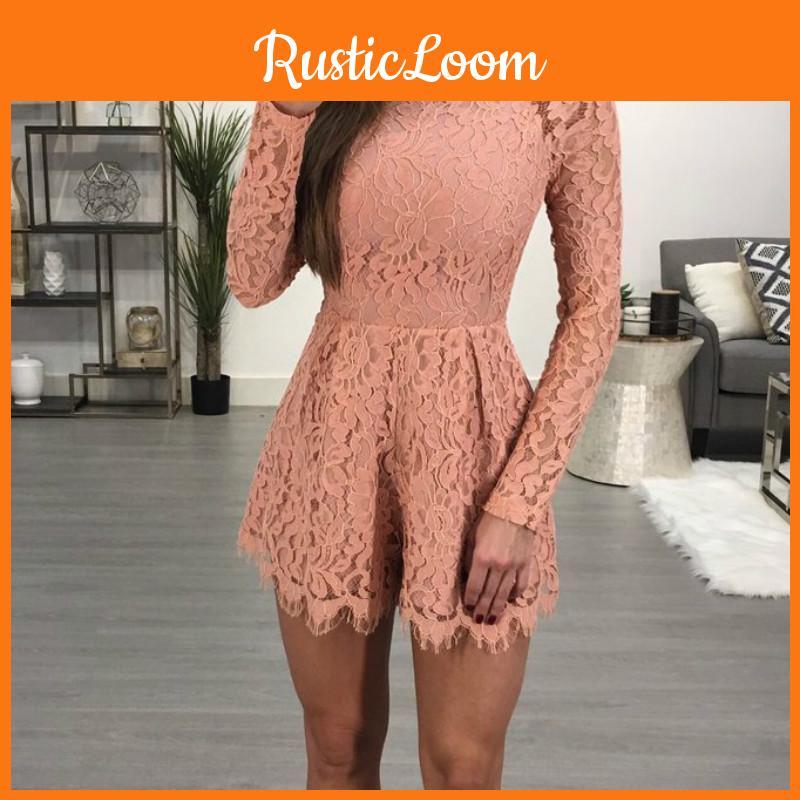 Fashion Elegant Womens Casual Romper Dress Lace Long Sleeve Sexy Jumpsuit Short