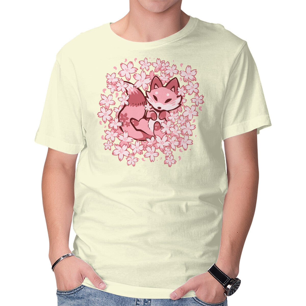 Unisex Crew Neck T-Shirt Cherry Blossom Fox Graphic Short Sleeve Casual Tee XXL