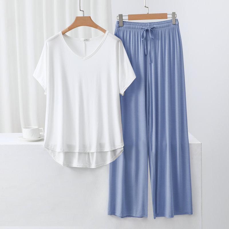 Summer Modal Homewear 2 Piece V-Neck Short Sleeve Tshirt and Wide Leg Pant Ankle Length Loose Sleepwear Set Comfort Pajama Sets