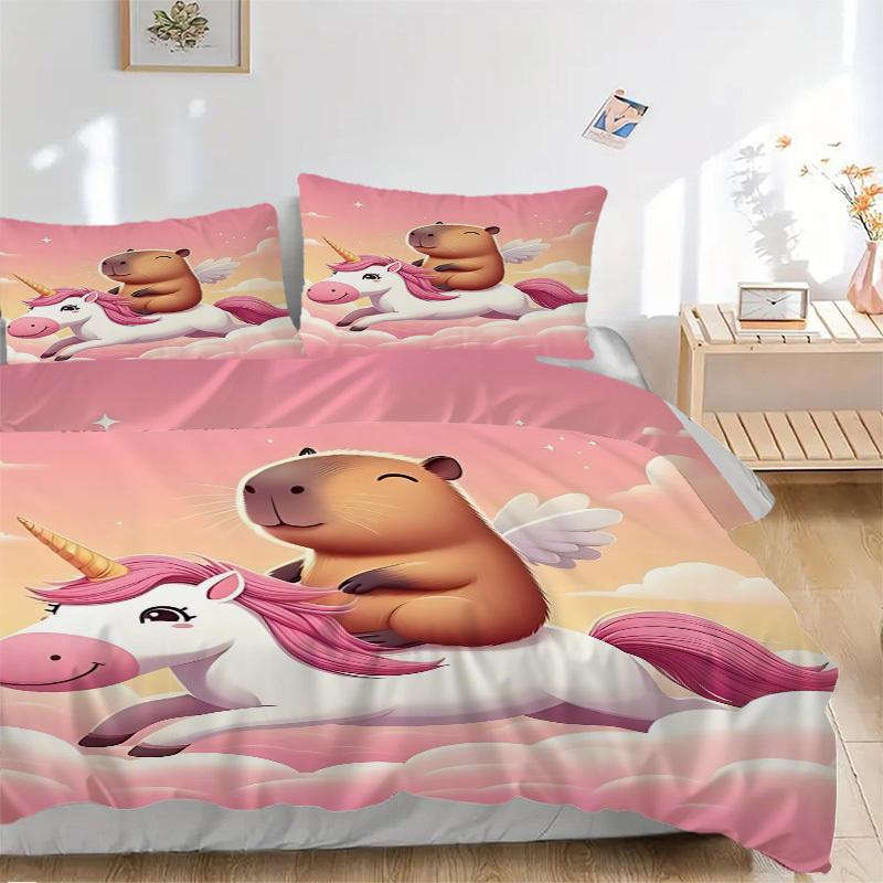 

3pcs Unicorn, Capybara Duvet Cover Set - Machine Washable, Includes 1 Cover and 2 Pillowcases, No Core Included yy251013110 135x200cm