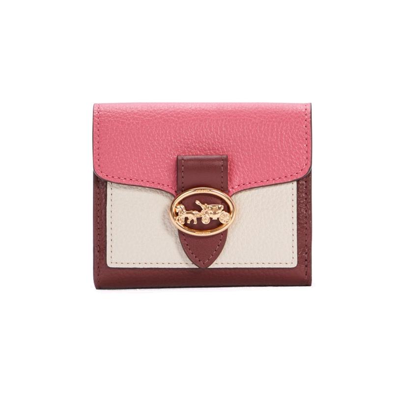 

COACH Georgie 11 Color Block Flap Short Leather Bacchus Bag Clutch Coin Purse Wallet Women s Pink with Red White білий