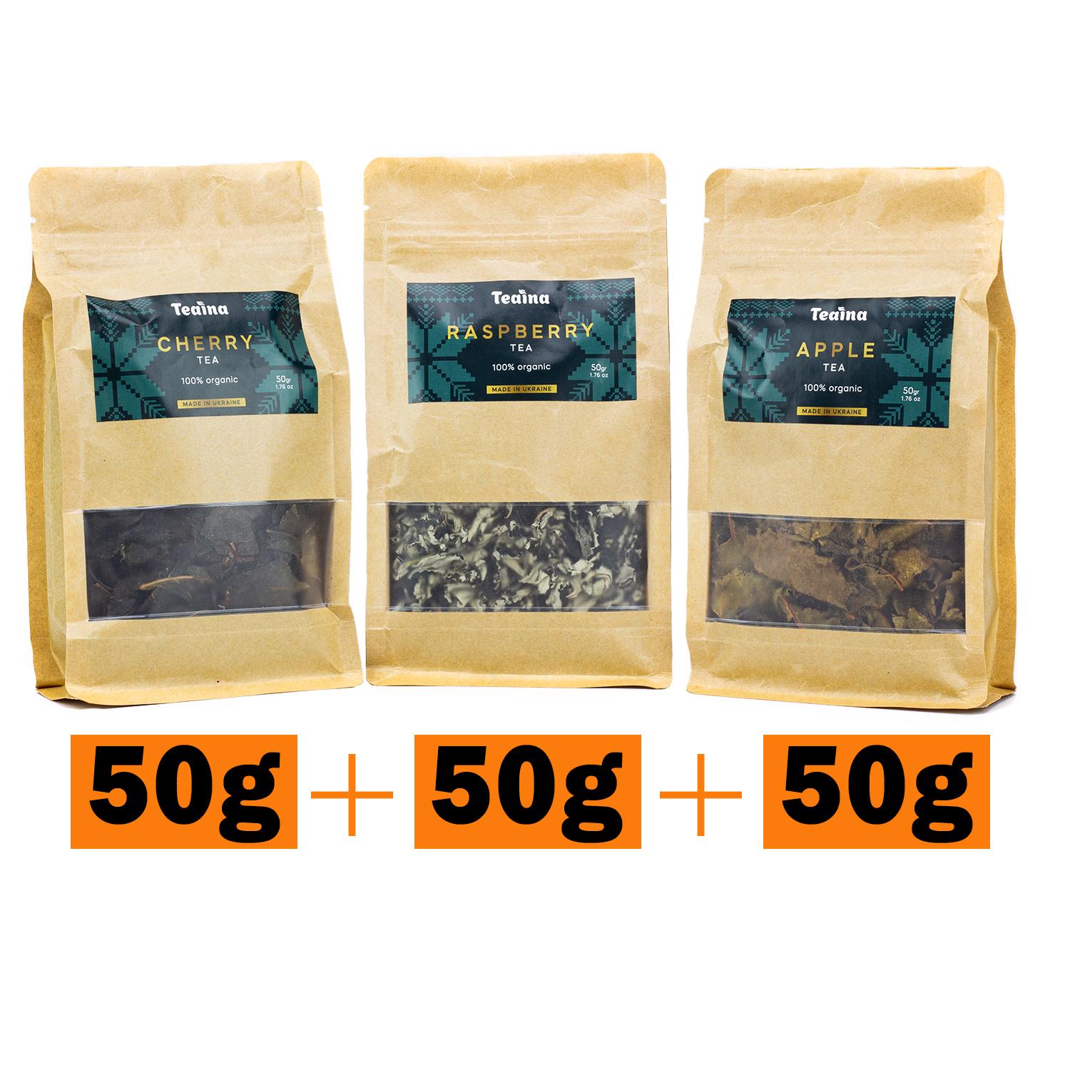 

Подарунковий набір здорового органічного розсипного чаю Teaina – суміші ферментованого яблука, вишні та малини. 150g