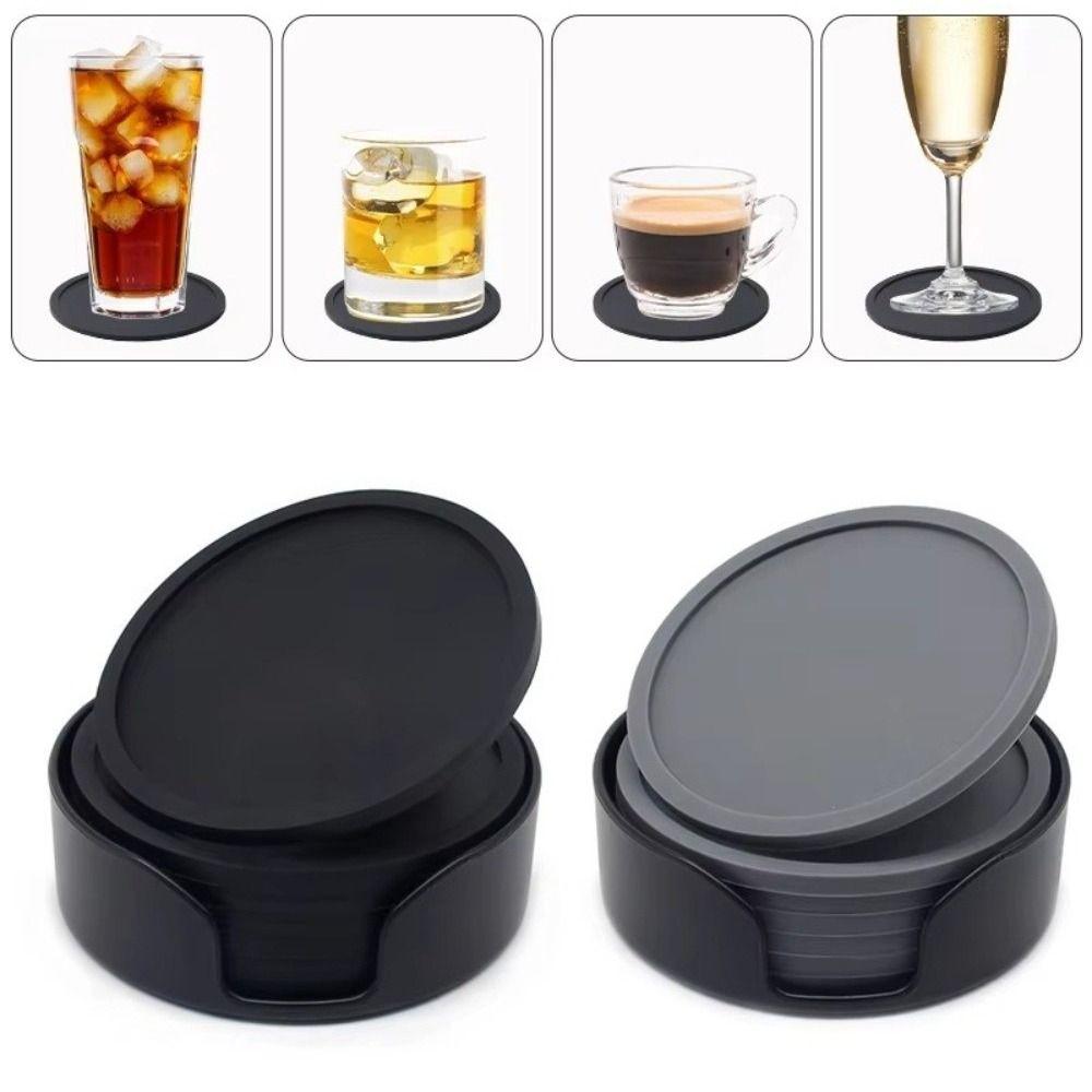 6Pcs High Quality 10cm Diameter Silicone Coasters with Holder Heat Resistant Drink Coasters Waterproof Round Shape Cup Coasters