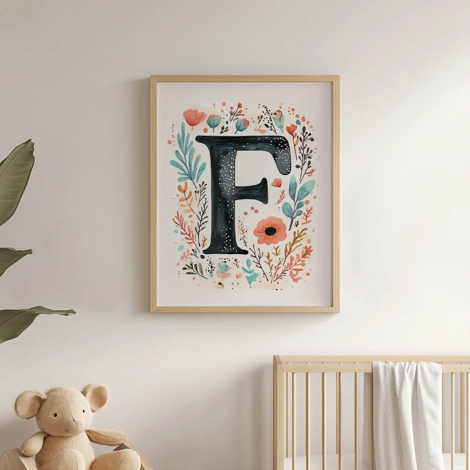 Plakat "F" Z Kolorowymi Kwiatami Plakat "F" Z Kolorowymi Kwiatami, 50X70 Cm, Rama Drewniana Jasny Dąb, Papier Matowy 230 Gsm