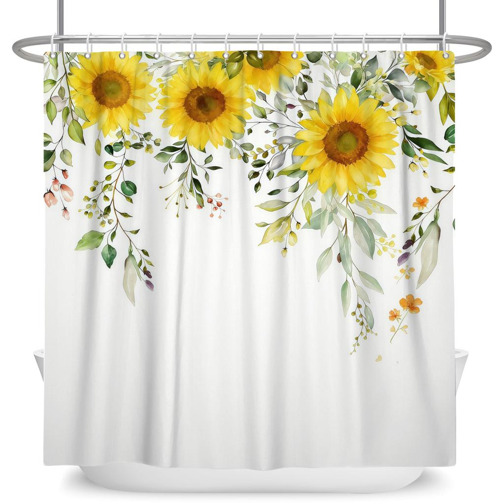 Watercolor Floral Shower Curtain Leaves Flowers Waterproof Bath Curtain For Bathroom Decor Polyester Fabric With Hooks Included