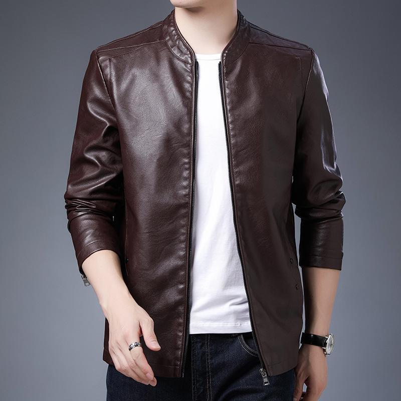 

Кожаная куртка мужская куртка с воротником-стойкой приталенная красивая куртка из искусственной кожи для мотоциклиста кожаная куртка L