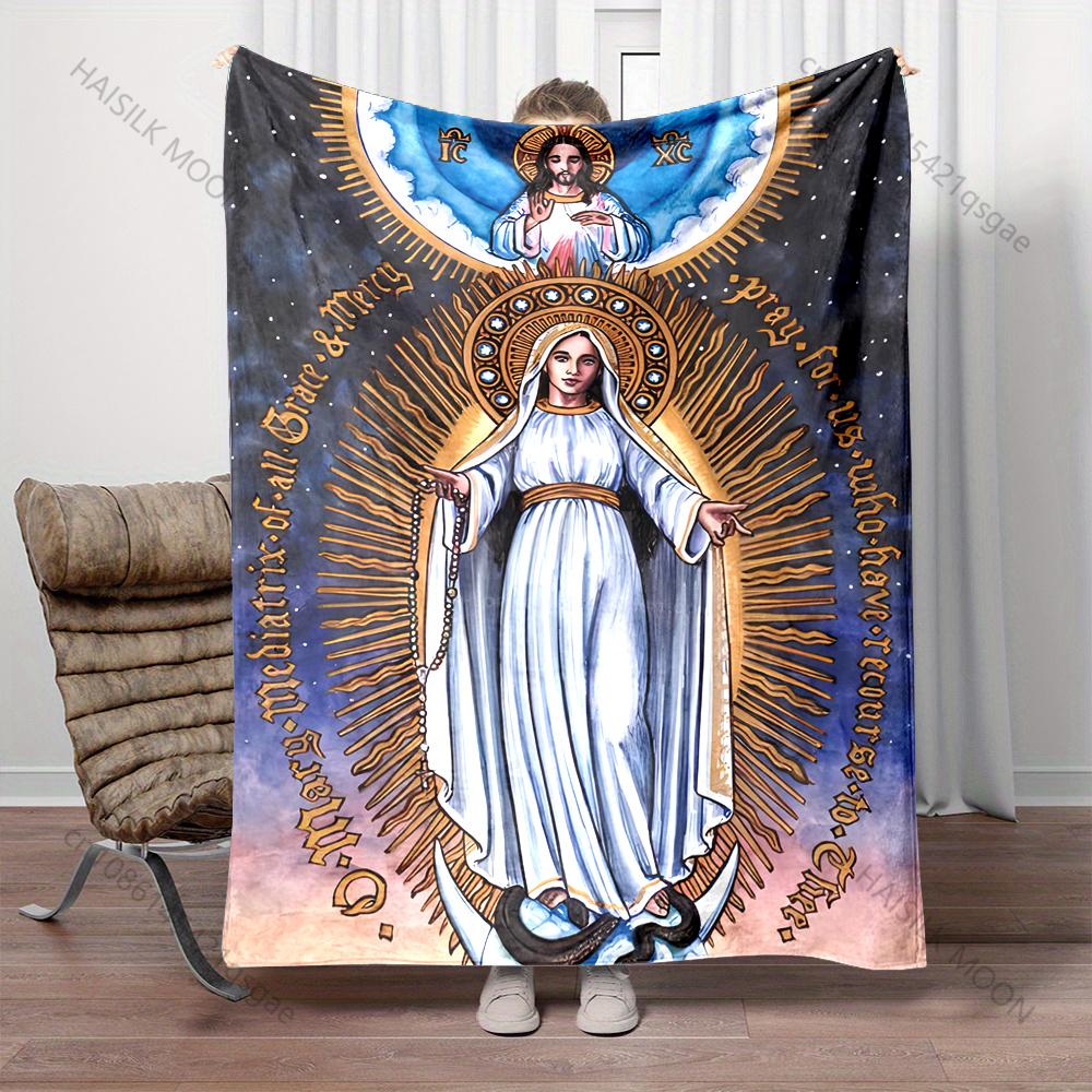 1PC Virgin Mary and Christ Icon Print Believer Pray Blanket Warm Soft Flannel Material Suitable for All Seasons Luxurious Gift