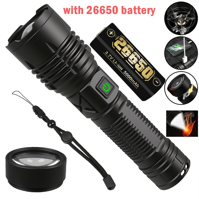 100000LM LED Flashlight USB Rechargeable Zoom Torch Strong Light Focused Light Source Can Light a Flame Waterproof Lantern