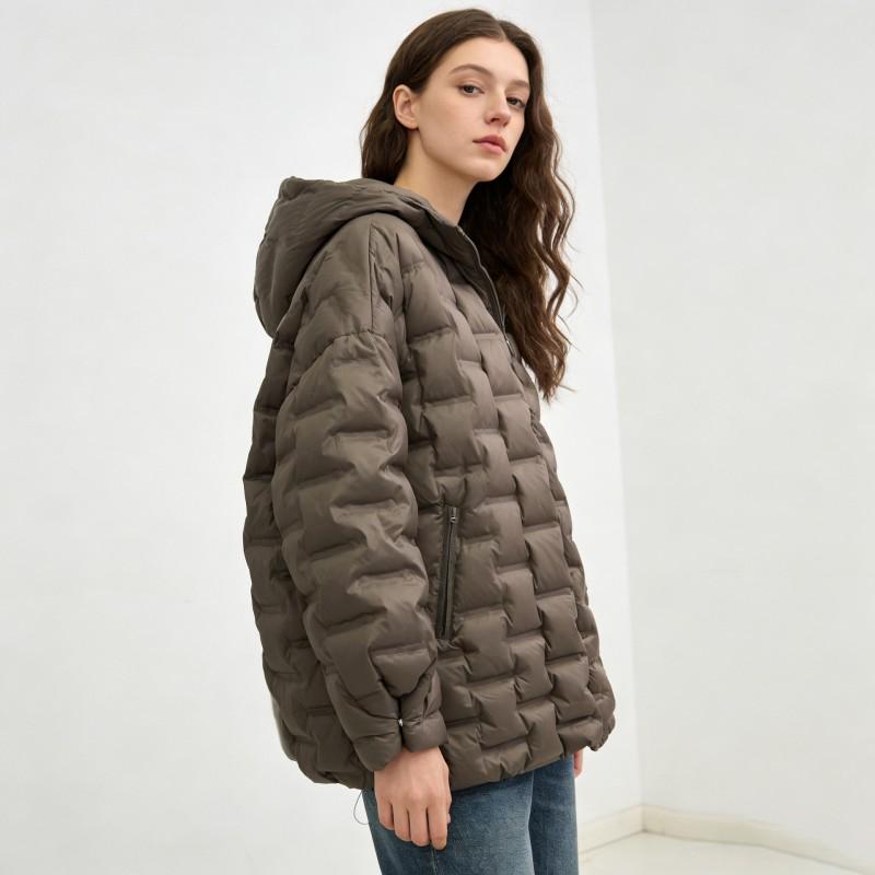 Womens Lightweight Puffer Coat With Hooded Design Quilted Square Warm Duck Down Fill Winter Daily Wear