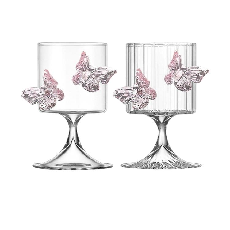 Handcrafted Pink Butterfly Design Glass Cup 250Ml Multipurpose Decorative Jar Drink Cup Great For Office And Home