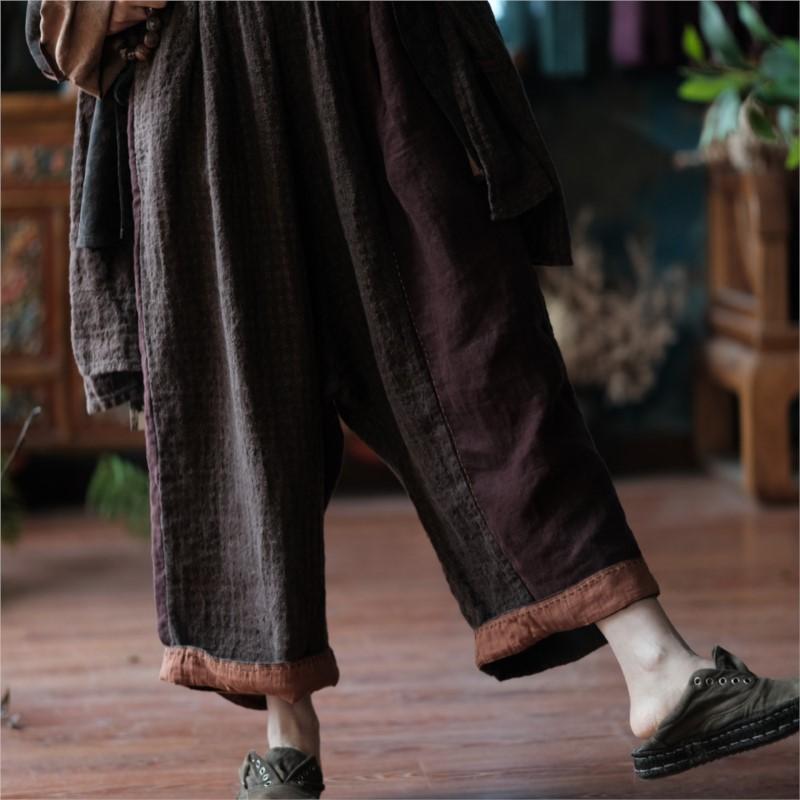 Johnature Women Vintage Patchwork Color Wide Leg Pants Elastic Waist Pockets Trousers Autumn Loose Pants