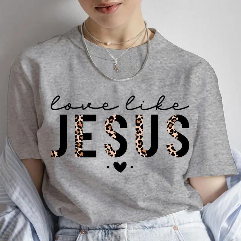 Christian Tee Shirt Femme Love Like Jesus Shirt for Women Jesus Leopard Print Design Unisex Shirt Short Sleeve Clothes for Women