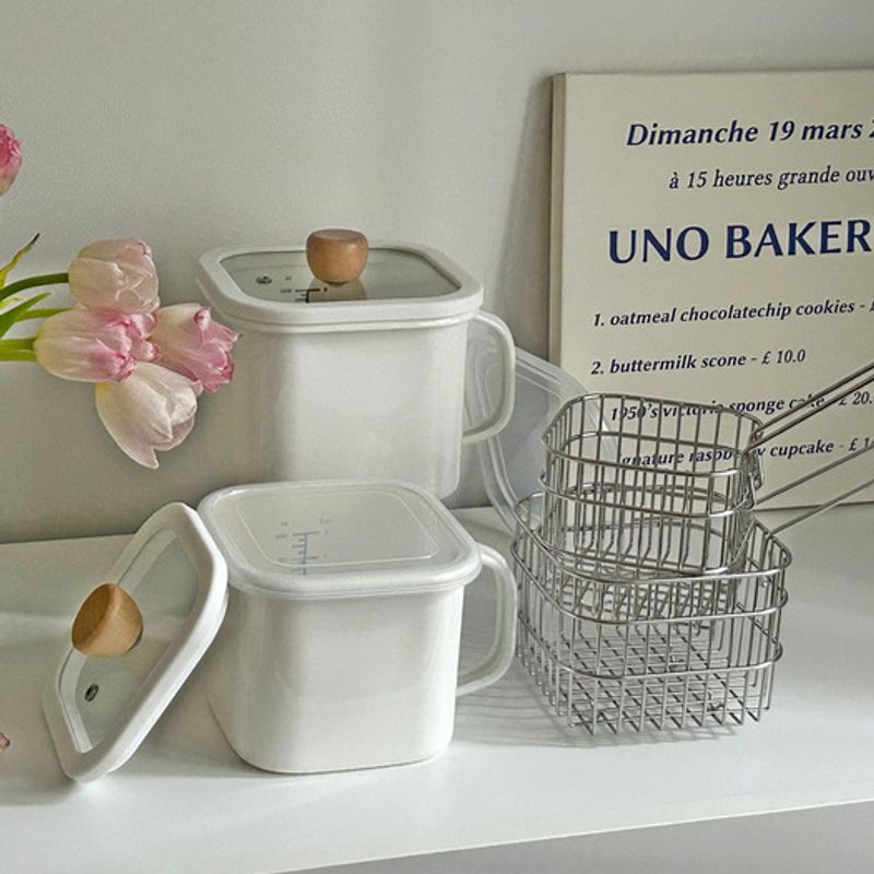 Eleganter Tisch Milchiger Griff Quadratischer Emaillierter Behälter 2 Größen Messskala Emaillierter Topf Multi-Topf Vorratsbehälter