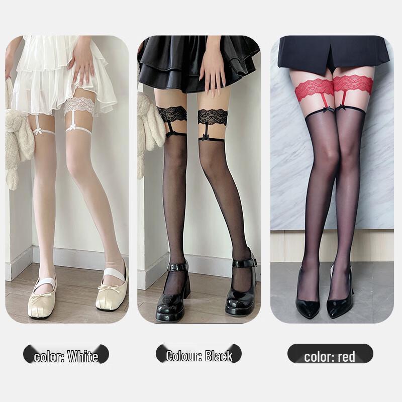 Lansha Sexy Lace Bow Thigh-High Stockings with Fake Garter