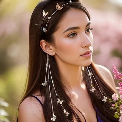 New Pearl Diamond Butterfly Tassel Headband Headband Design Sense Handmade Alloy Hair Accessories Headband Forest Style High-end Headdress