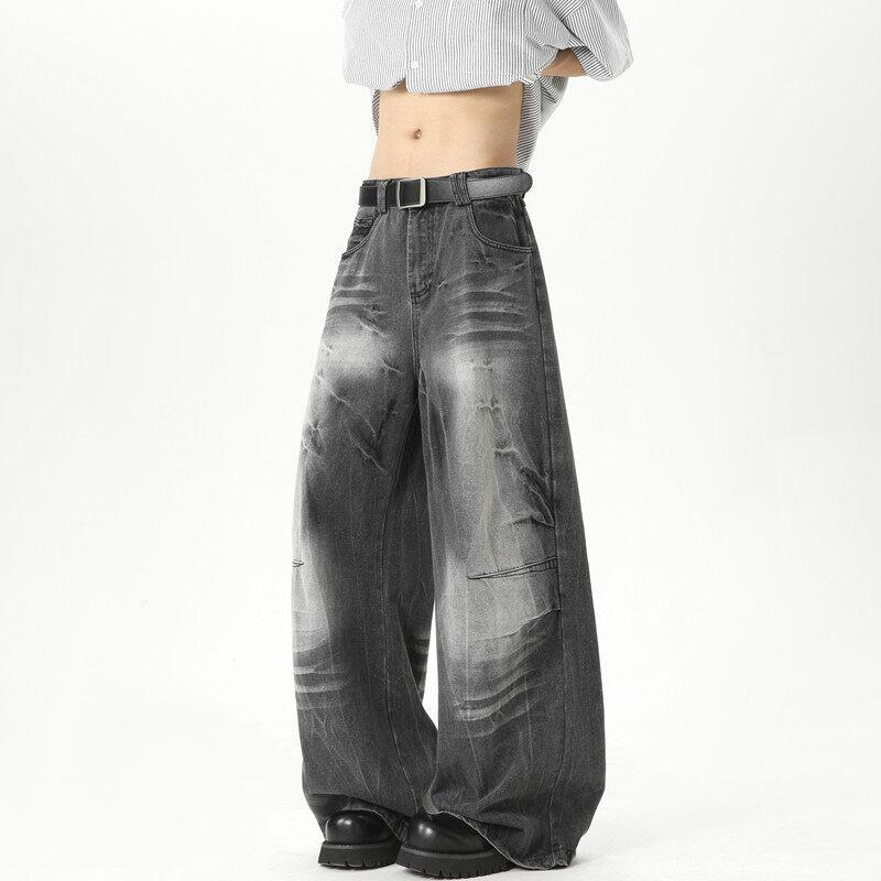 American high street retro jeans men's and women's loose wide-leg pants washed and old floor-mopping pants lightning pattern trousers ruffian handsome