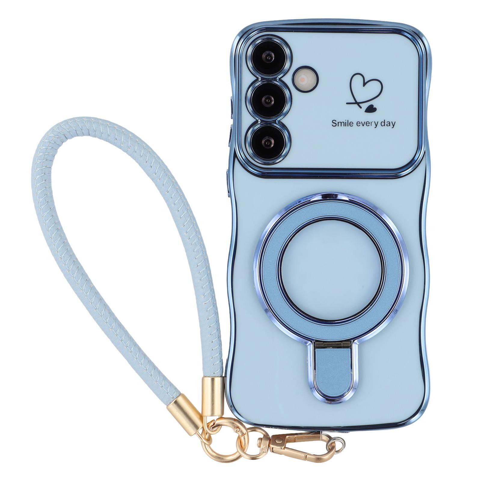 

For Samsung Galaxy S25 Case Kickstand Electroplating Wave Frame Love Printing TPU Back Cover with Hand Strap Blue