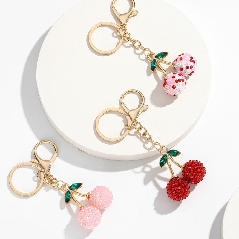 Cherry Shaped Keychain with Rhinestones Versatile Charm for Keys and Bags Fruit Shaped Keyring Pendant Purse Decoration