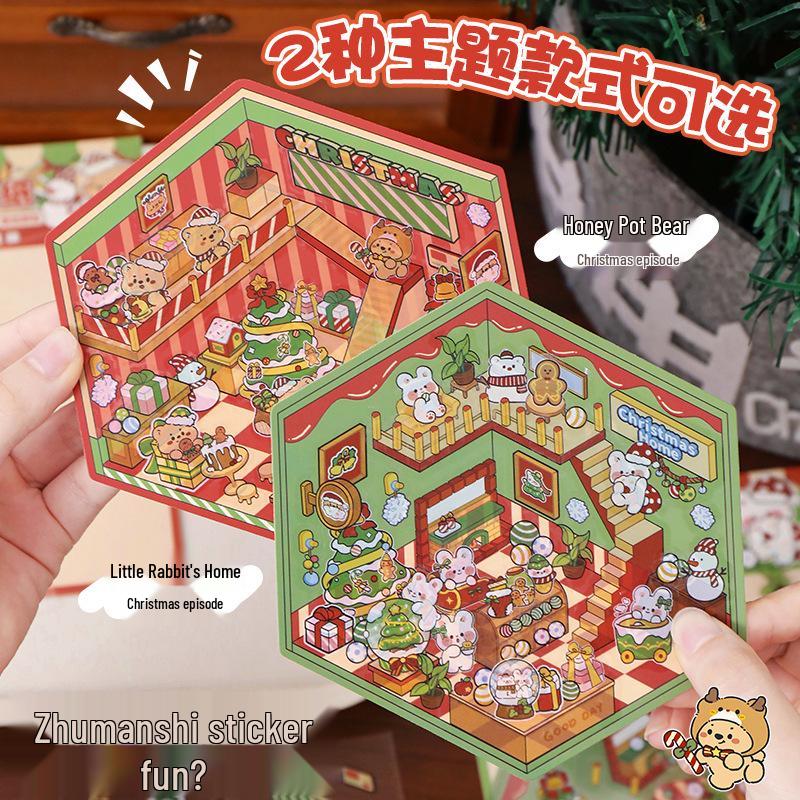 Christmas Miniature 3D Cabin Scene Stickers – Cute Handmade Cartoon Stickers for Journals