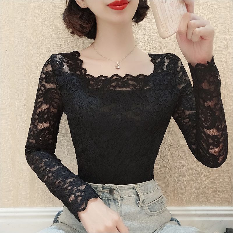 Lace Base Layer Women's Spring Autumn Beautiful Square Neck Inner Slim Fit Long Sleeve T-shirt Top