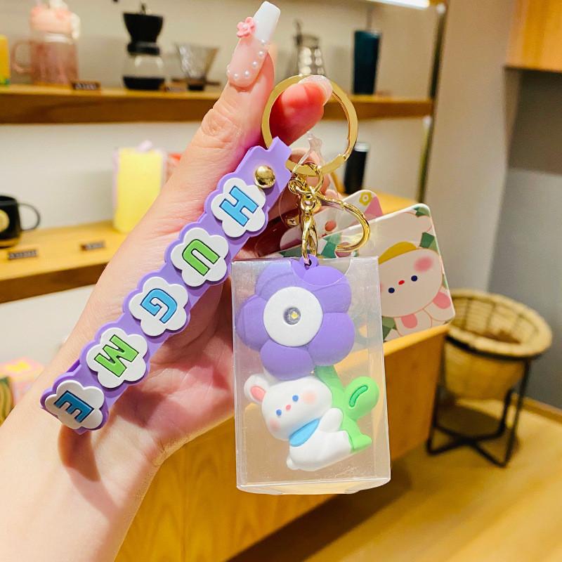 Adorable Rabbit Flower Night Light Keychain Cute Cartoon Bag Charm Couple Gift