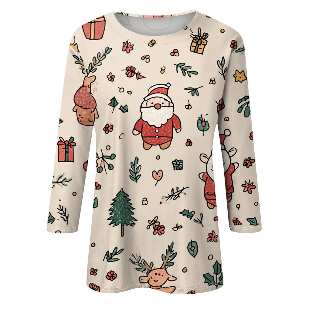 Women's Fashion Casual Round Neck Three-quarter Sleeve Christmas Print T-shirt Top