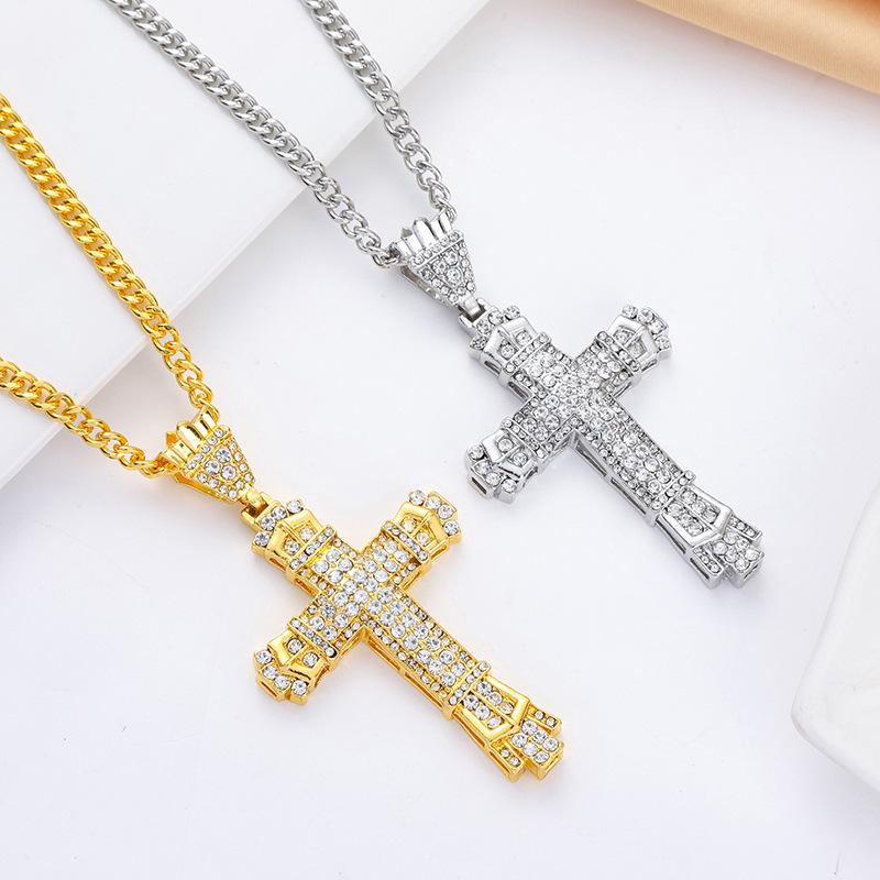 Hip Hop Vintage Cross Pendant Necklace For Men Women Rock Punk Shiny Iced Out Zircon Gold Color Link Neck Chain Jewelry Gifts