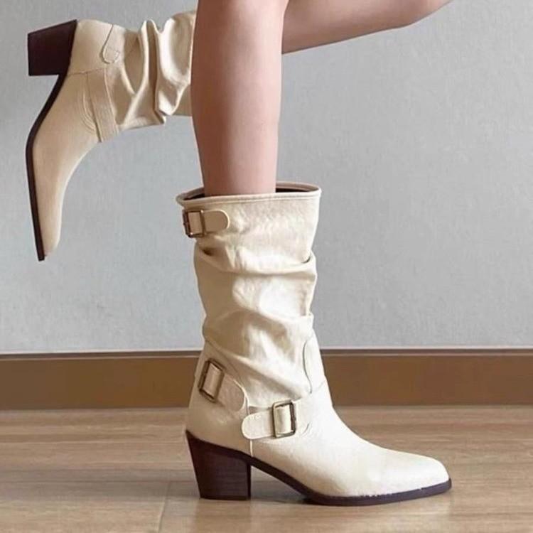 Boots Women's Summer 2025 New Premium Belt Buckle Martin Boots Pointed Thick Heel Pile Boots Western Cowboy Boots