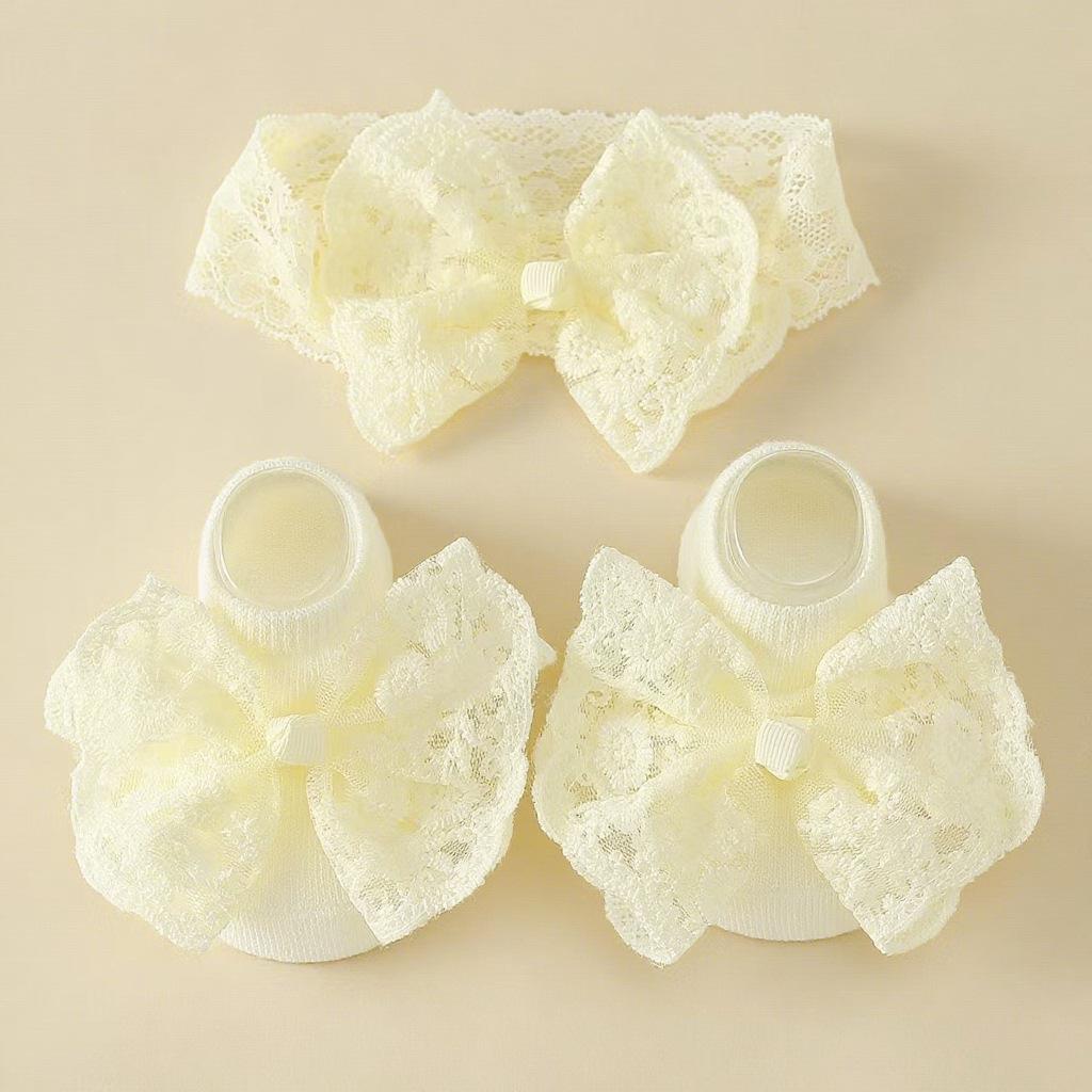 Baby-Spitzen-Socken und Stirnband-Set Weiches atmungsaktives Strickmaterial mit elastischer Dehnung für Säugling Kleinkind Neugeborenes Zubehör
