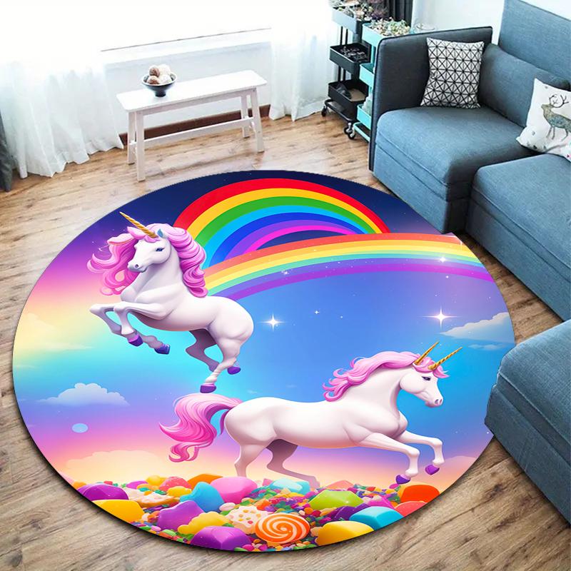 1Pc Cute Unicorn Circular Print Rug - Home Decoration Carpet For Living Room Bedroom Flooring Computer Chair Area Rug