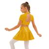 Set da Ballo per Bambina Top Corto e Gonna con Paillettes Lucide, Collo Alto, Maniche Corte, Patchwork in Rete, Schiena Scoperta