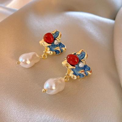Boucles d'oreilles pendantes vintage en huile goutte à goutte et perles irrégulières pour femmes, boucles d'oreilles tempérament, luxe léger coréen, zircon hautement irrégulier, cadeau